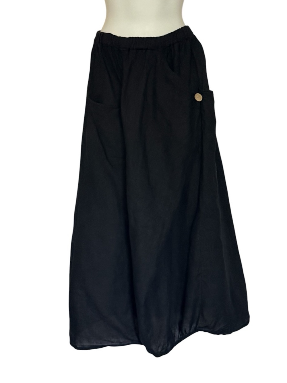 Lin Blanc Made in Italy Black Elastic-Waist with Side Pocket Linen Skirt